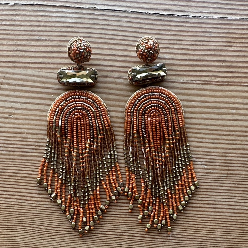 Beaded Fringe Drop Earrings - Orange and Gold